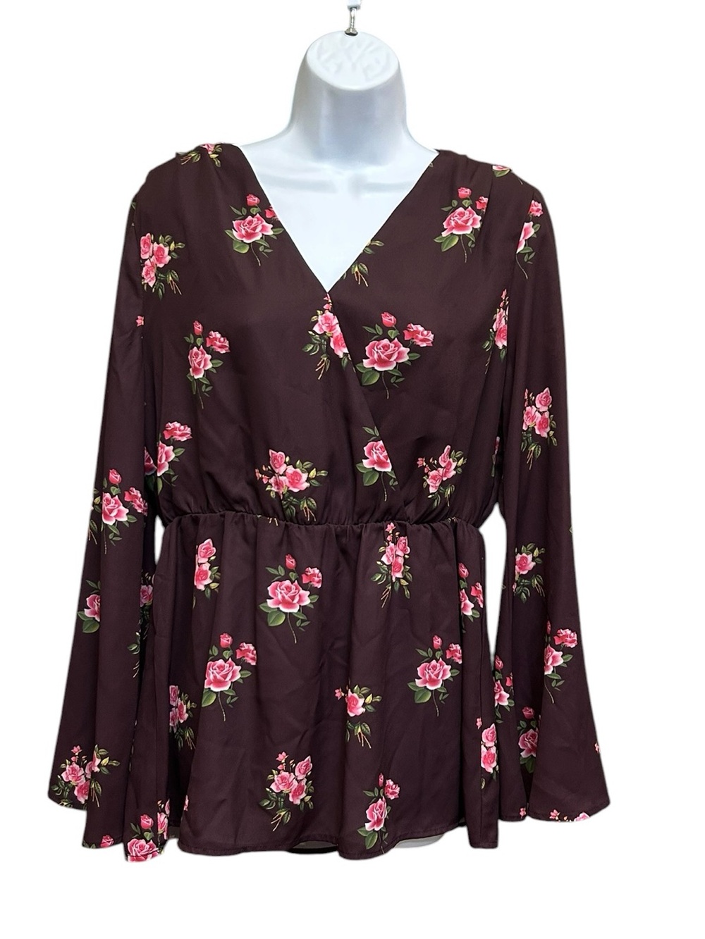 Pink Martini Rose Floral Bell Sleeve Blouse Size M